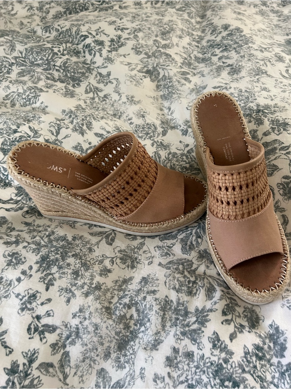 Toms Tan Woven Espadrille Wedge Slides